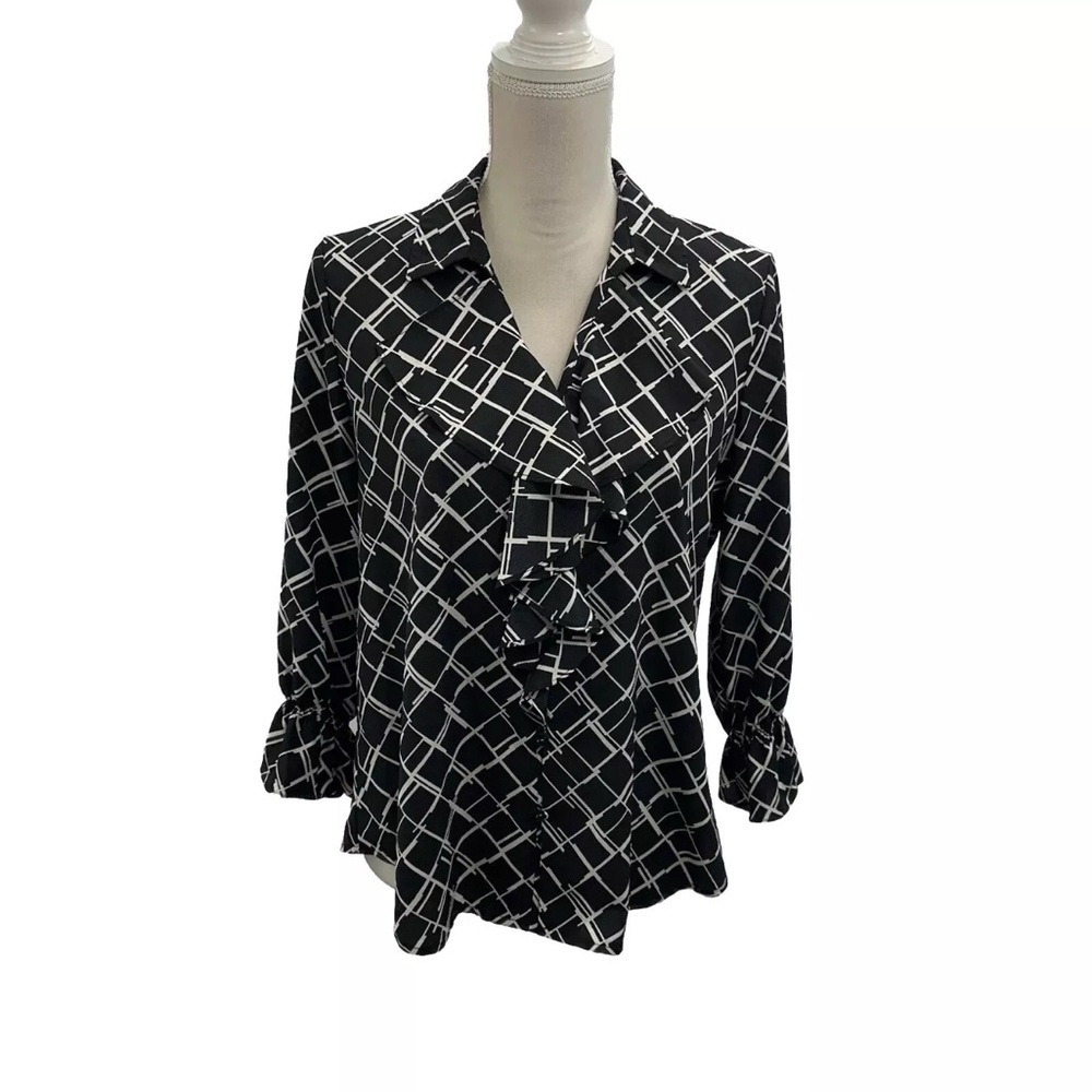 Karl Lagerfeld Black White Blouse Women’s Medium Peal Button Ruffle 3/4 Sleeves